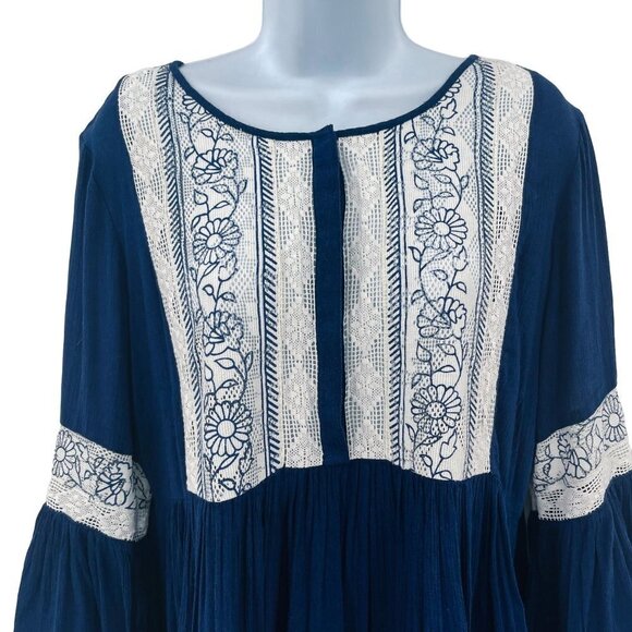Lace Flutter Peasant Ruffle Sleeve Blue White Blouse Top Tunic New Directions - Picture 4 of 7